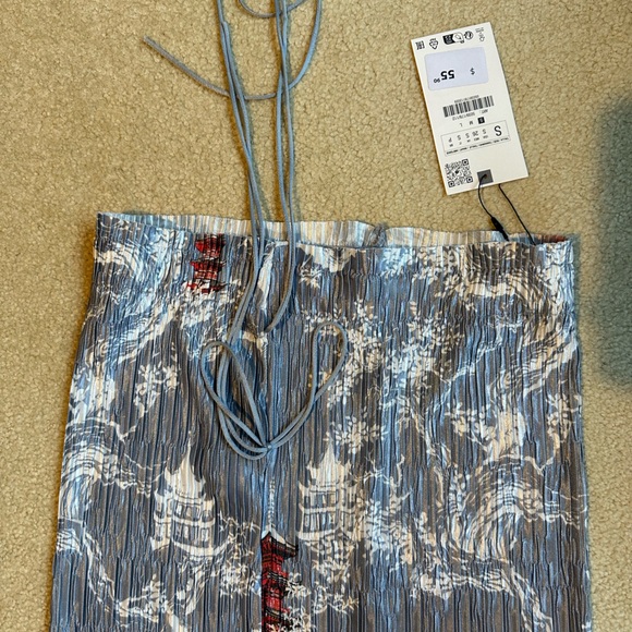 Zara pleated Chinese dragon print blue top and skirt - Picture 3 of 6